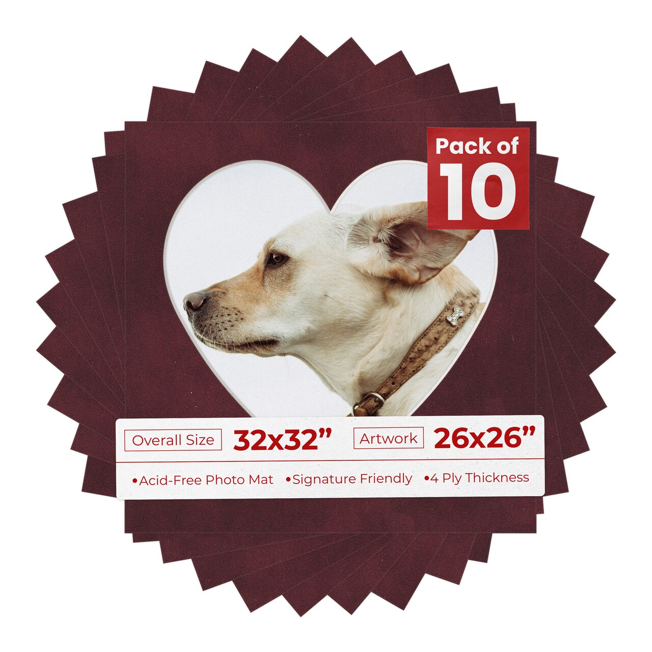 Dark Red Suede Mat Board for 32x32 Frames - Heart Opening for 26x26 Photos